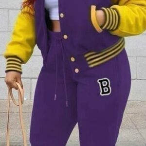 Women Purple Yellow Color Varsity Jacket Patched Pocket 2 Piece Set Sz.S